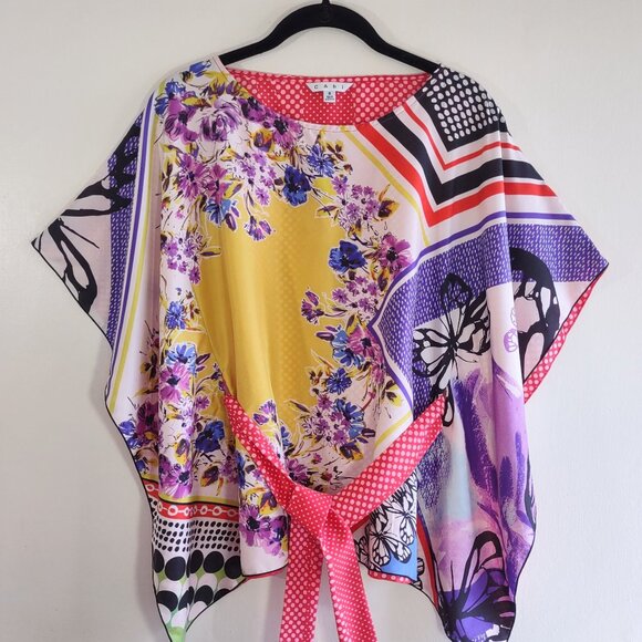 CAbi 100% Silk Scarf Top w/ Belt Kimono Style Polka Dot Floral Artsy Size Small - Picture 4 of 14